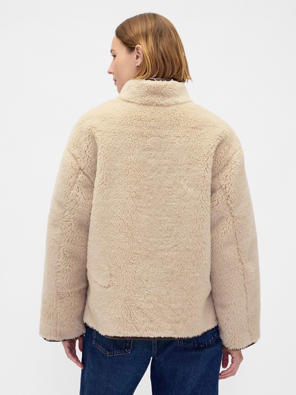 NWT Gap Cream Sherpa & Faux Brown Leather Oversized Jacket Coat Size XS Vegan - Picture 3 of 12